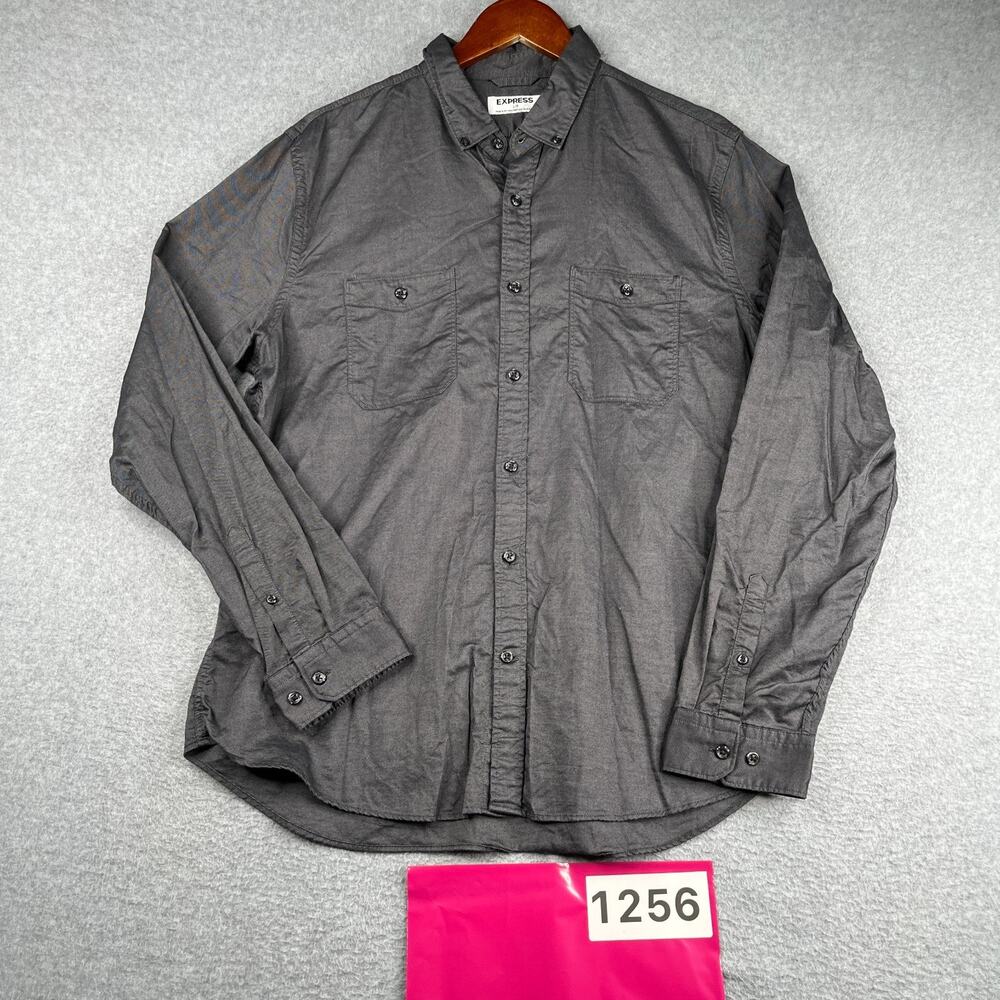 Express Shirt Dark Gray Pocket Casual Classic Button Up Long Sleeve Mens Large